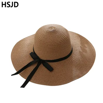 Новая женская модная соломенная шляпа от солнца с широкими полями из черной ленты UPF 50, летние пляжные кепки с бантом, складывающиеся в рулон, для женщин