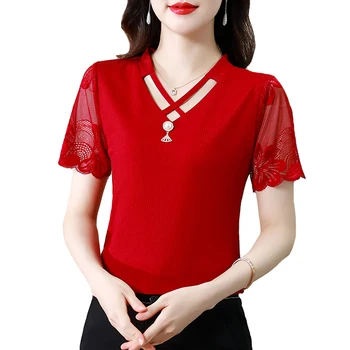 Новая модная сетчатая футболка с V-образным вырезом, кружевная рубашка в стиле пэчворк 2023, летние повседневные женские топы с коротким рукавом