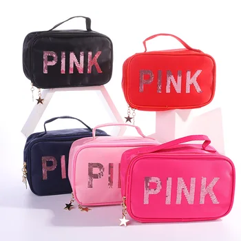 Новая розовая ручная косметичка с блестками, Корейское издание, Портативная ручная квадратная сумка с карманом для путешествий