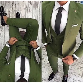 Новейший дизайн пальто и брюк Зеленые Мужские костюмы Slim Fit 3шт Куртка Брюки Жилет Костюмы для жениха На заказ Блейзер для выпускного вечера Брюки
