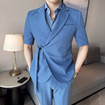 Новинка (блейзер + брюки), мужская мода, деловой британский ветрозащитный рукав, диагональная пряжка, повседневная корейская версия, костюм из девяти предметов, комплект из 2 предметов