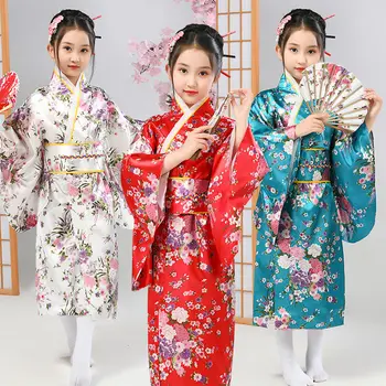 Новинка для девочек, Национальное Японское Кимоно, Традиционное платье Юката, Атласный Шелковый Роскошный Восточный банный халат с Obi Performance Kids