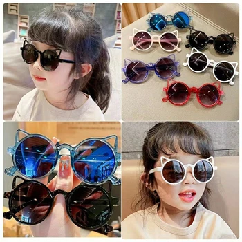 Новые детские солнцезащитные очки с милыми кошачьими ушками, Детские очки для девочек и мальчиков, Детские Солнцезащитные очки для защиты от солнца, Винтажные Разноцветные очки