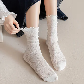 Новые женские модные носки Весна Лето хлопчатобумажные носки средней длины с белыми кружевными оборками и рюшами для девочек, повседневные милые дышащие носки для экипажа