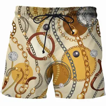Новые модные летние мужские шорты с рисунком золотой цепочки, 3D шорты для серфинга, пляжные короткие мужские повседневные быстросохнущие спортивные штаны, купальники
