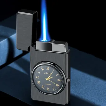 Новые часы Раскладушка С четким звуком Газовая Зажигалка Прочная Ветрозащитная Металлическая Турбинная горелка с синим струйным пламенем Эффективное зажигание одним ключом