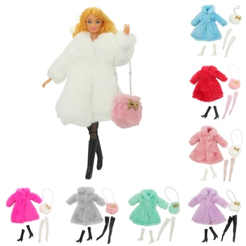 Новый 1 комплект мягкого мехового пальто с длинным рукавом, носки на высоком каблуке, меховая сумка, зимняя одежда, аксессуары для куклы Барби, одежда, детские игрушки