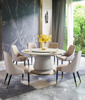 Новый скандинавский светлый роскошный мраморный стол Современный простой круглый стол из массива дерева с поворотным столом Бытовой круглый стол-стул