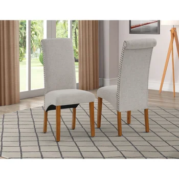 Обеденные стулья F2 с тканевой обивкой \ Современные кухонные обеденные стулья с высокой спинкой из льна на пуговицах, с ножками из массива дерева и