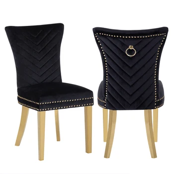 Обеденные стулья с золотыми ножками из 2 частей, отделанные бархатной тканью черного цвета