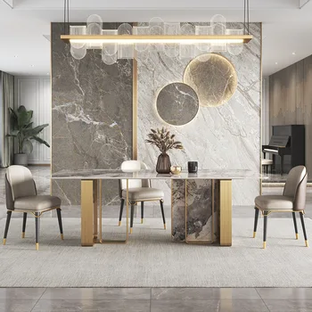 Обеденный стол в скандинавском итальянском стиле с каменной доской, высококлассный свет, роскошная современная минималистичная дизайнерская вилла, ресторан bright rock board