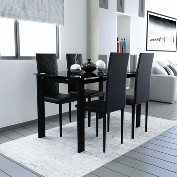 Обеденный стол из закаленного стекла, состоящий из простого прямоугольного стола и 4 стульев на металлических ножках, для кухонного стола в гостиной, черный