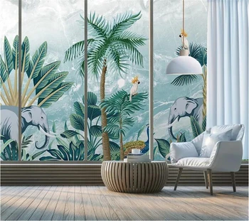 обои wellyu на заказ papel de parede в скандинавском стиле, ручная роспись, тропический лес, растение, слон, мраморная роспись стен