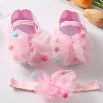 Обувь Для новорожденных девочек, набор повязок на голову с кружевным бантом, первые ходунки с милой принцессой для малышей 0-18 м для новорожденных девочек