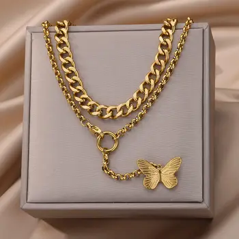 Ожерелья с подвеской в виде бабочки с кисточками для женщин, Многослойное колье-чокер из нержавеющей стали, Эстетичный свадебный ювелирный подарок