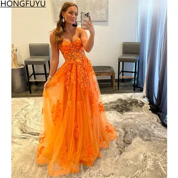 Оранжевые кружевные аппликации HONGFUYU, вечерние платья de soirée, выпускные платья, Длинные вечерние платья из тюля трапециевидной формы, женское вечернее платье