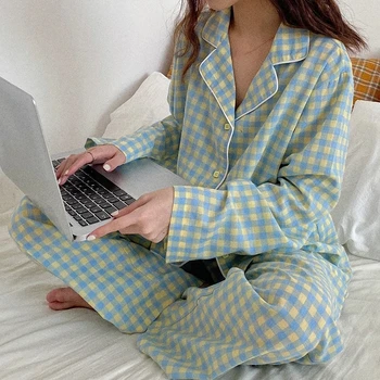 Осенний Корейский пижамный комплект с фиолетовой сеткой для девочек, Милая Зимняя одежда для сна с длинным рукавом для отдыха, Женская Свободная ночная одежда, костюм для домашней одежды