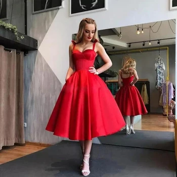 Очаровательные красные платья для выпускного вечера трапециевидной формы, сексуальные вечерние платья на тонких бретельках, Атласное вечернее платье без рукавов Чайной длины, халаты De Soriee на заказ