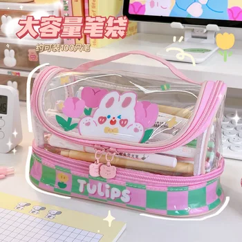 Пенал из прозрачной ткани ПВХ, розово-желтая канцелярская сумка для Корейской милой школьницы, косметический органайзер, линейка, держатель для ручек