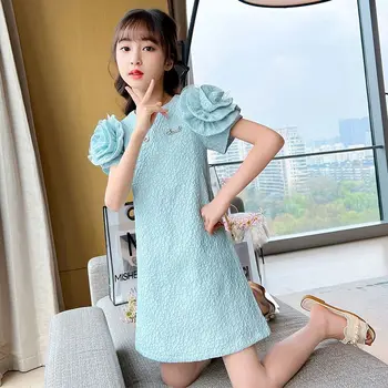 Платье для девочек 2023, летняя новая мода, Летняя Корейская версия, универсальное платье принцессы с коротким рукавом, милое элегантное платье