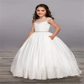 Платье с цветочным узором для девочки, белое Пышное Тюлевое платье с кружевной аппликацией, свадебное платье с блестящим цветком, детское платье принцессы для Первого Евхаристического Дня рождения