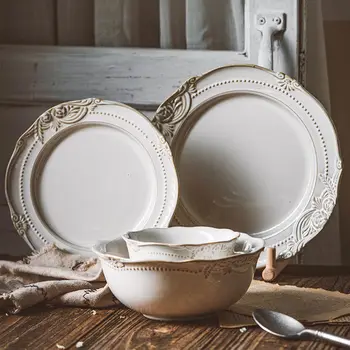 Плоская тарелка европейского стиля, Западная тарелка для стейка, набор посуды с тиснением, Рождественская Салатница, Чистый Белый Поднос, Набор для ужина из костяного фарфора