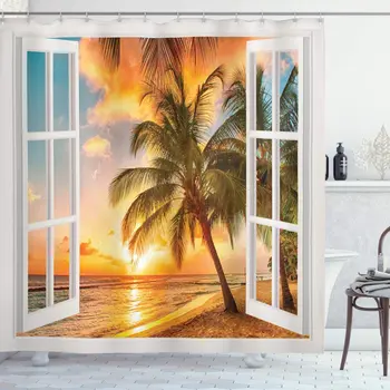 Пляжная занавеска для душа, море, океан, пальма, пейзаж заката, Деревянные окна с художественными картинами, набор декора для ванной комнаты с крючками