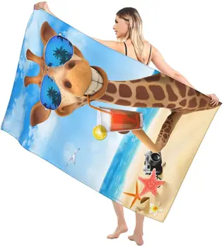Пляжное полотенце Забавный Жираф с пальмой, солнцезащитные очки, Напиток из арбузного сока, полотенце без песка, Негабаритное Прохладное пляжное полотенце, банное полотенце