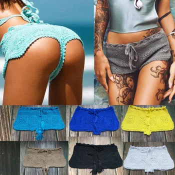 Пляжные летние женские шорты, вязаные в богемном стиле, с вырезами, модные, сексуальные, с эластичной талией, однотонные, тонкие, Мини, короткие плавки, купальники