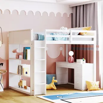 Полноразмерная кровать-чердак с лестницей, полками и письменным столом, белый