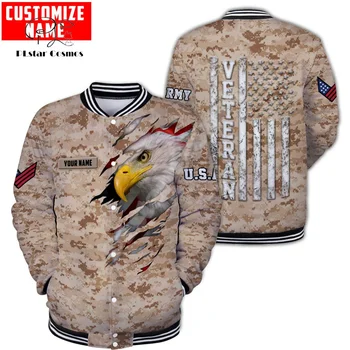 Пользовательское название Army Military Veteran Soldier Camo Eagle, Зимнее теплое пальто, 3DPrint, Забавная бейсбольная куртка с пуговицами Harajuku, с