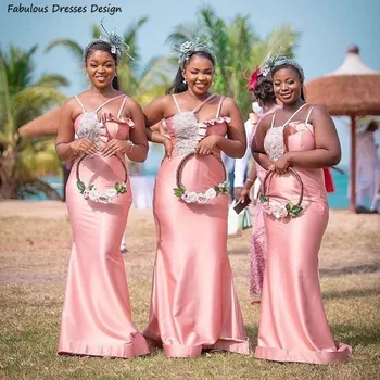 Пыльно-розовые кружевные платья подружек невесты с аппликацией, женское Длинное платье-русалка на тонких бретельках, Элегантное свадебное платье подружки невесты