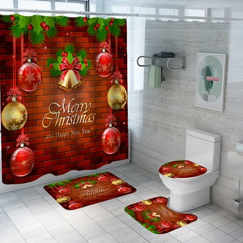 Рождественский праздничный набор для ванной комнаты, водонепроницаемая занавеска для душа из полиэстера, Нескользящая Влагостойкая перегородка без коврика, перфорированная Занавеска