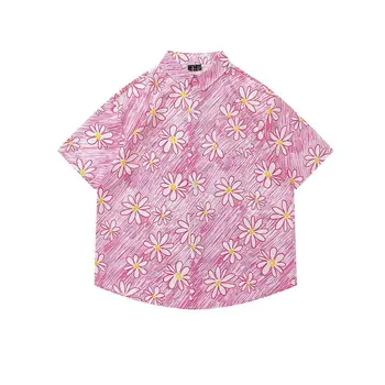 Розовая рубашка с коротким рукавом в стиле ретро с цветочным рисунком, свободные рубашки для мужчин и женщин на лето