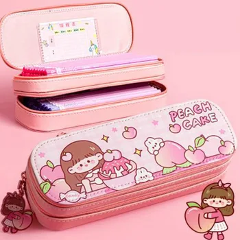 Розовый милый пенал для девочек, двухслойный пенал из полиуретана, сумка для канцелярских принадлежностей большой емкости, детский пенал для карандашей