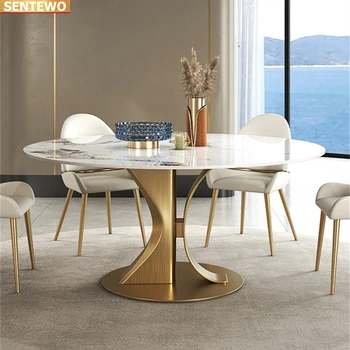 Роскошный дизайнерский круглый обеденный стол из мраморной плиты и 8 стульев mesa tische furniture comedor с золотой основой из нержавеющей стали