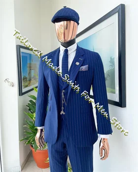 Роскошный Мужской свадебный костюм в Королевскую синюю полоску, официальная одежда, 3 предмета, Облегающие Комплекты классических блейзеров высокого качества, итальянский Бизнес