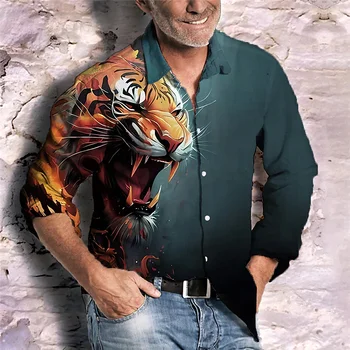 Рубашка мужская леопардовая с HD графикой, с лацканами, с длинными рукавами, пуговицы, повседневная мода, синяя, желтая, серая, спортивная, мягкая, удобная ткань, новинка 2023 года
