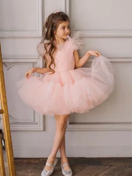 Свадебное платье принцессы для маленьких девочек, модная одежда из тюля с V-образным вырезом и оборками для девочек, праздничное платье Ins Boutique