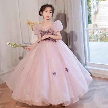 Свадебное платье принцессы, Фиолетовое кружево для девочки-подростка, Винтажные аппликации, Костюм из цветочного тюля для детей, Длинные платья для выпускного вечера для девочек-цветочниц
