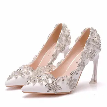 Свадебные туфли с украшением в виде королевы кристаллов, прозрачные туфли-лодочки для невесты, Рождественская вечеринка, роскошные женские туфли на высоком каблуке 9 см