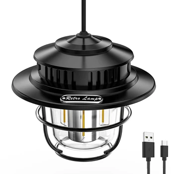 Светодиодная походная лампа 200 люмен, походный фонарь в винтажной атмосфере, Type-C, перезаряжаемый через USB, водонепроницаемый для ежедневного использования в саду для барбекю на открытом воздухе