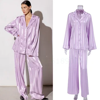 Свободный пижамный комплект в фиолетовую полоску, Женская пижама с длинным рукавом, домашний костюм из вискозного шелка, Роскошные брюки, одежда для отдыха, ночное белье из 2 предметов