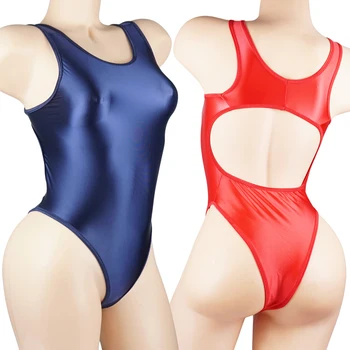 Сексуальный глянцевый Блестящий женский цельный спортивный купальник, купальники, Японские купальники, боди с открытой промежностью, пляжная одежда без спинки