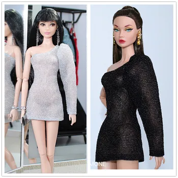 Серебряное платье / Уникальный дизайн, черная рубашка с одним рукавом / 30-сантиметровая кукольная одежда для куклы Барби 1/6 Xinyi FR ST