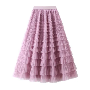Сетчатая юбка-торт Женская Весна и осень 2023, Новое поступление, Сказочная белая газовая юбка, плиссированная длинная юбка
