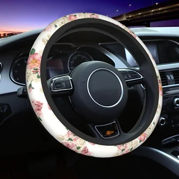Симпатичный автомобильный чехол на руль с цветочным рисунком для женщин и девочек для внедорожника-фургона, универсальные 15-дюймовые нескользящие автоаксессуары