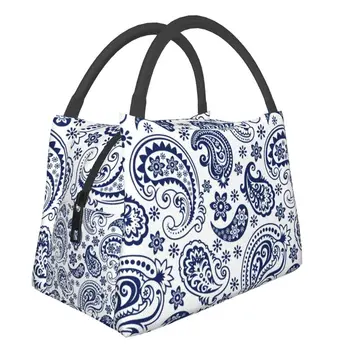 Сине-белая изолированная сумка для ланча в винтажном стиле Пейсли для женщин, Герметичный кулер с цветочным рисунком, Термосумка для ланча