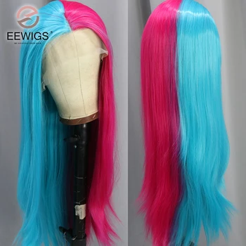 Синий Наполовину Розовый Синтетический парик на кружеве спереди 13X4 Гладкий Длинный Прямой Парик с предварительно выщипанными волосами Младенца для женщин, Косплей Трансвестита
