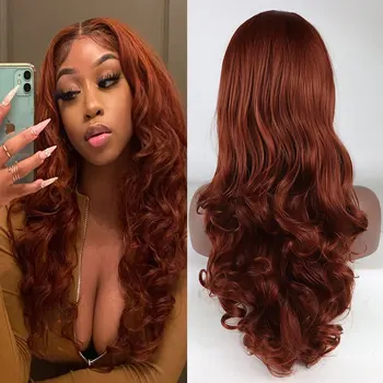 Синтетический парик на шнурке, связанный вручную, медно-красный Оранжевый, Волнистые волосы из термостойких волокон, натуральная линия роста волос для афроамериканских женщин